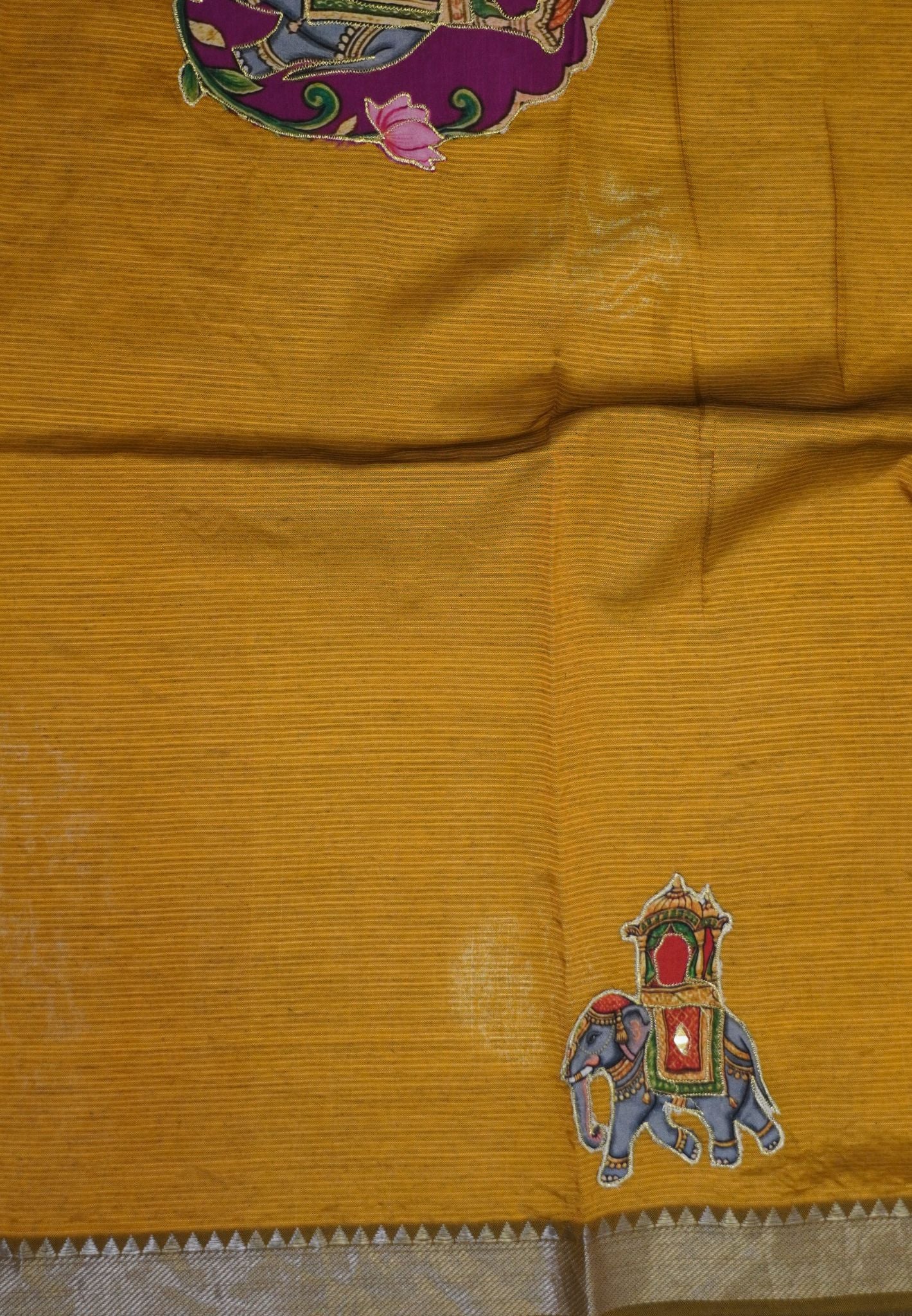 Pure Mangalgiri Silk Saree- Golden Green with Appliqué Work