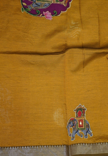 Pure Mangalgiri Silk Saree- Golden Green with Appliqué Work