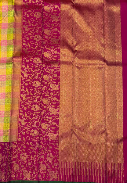 Pure Kanchipuram Silk-Multi Color in Peacock & Elephant Floral Zari Border