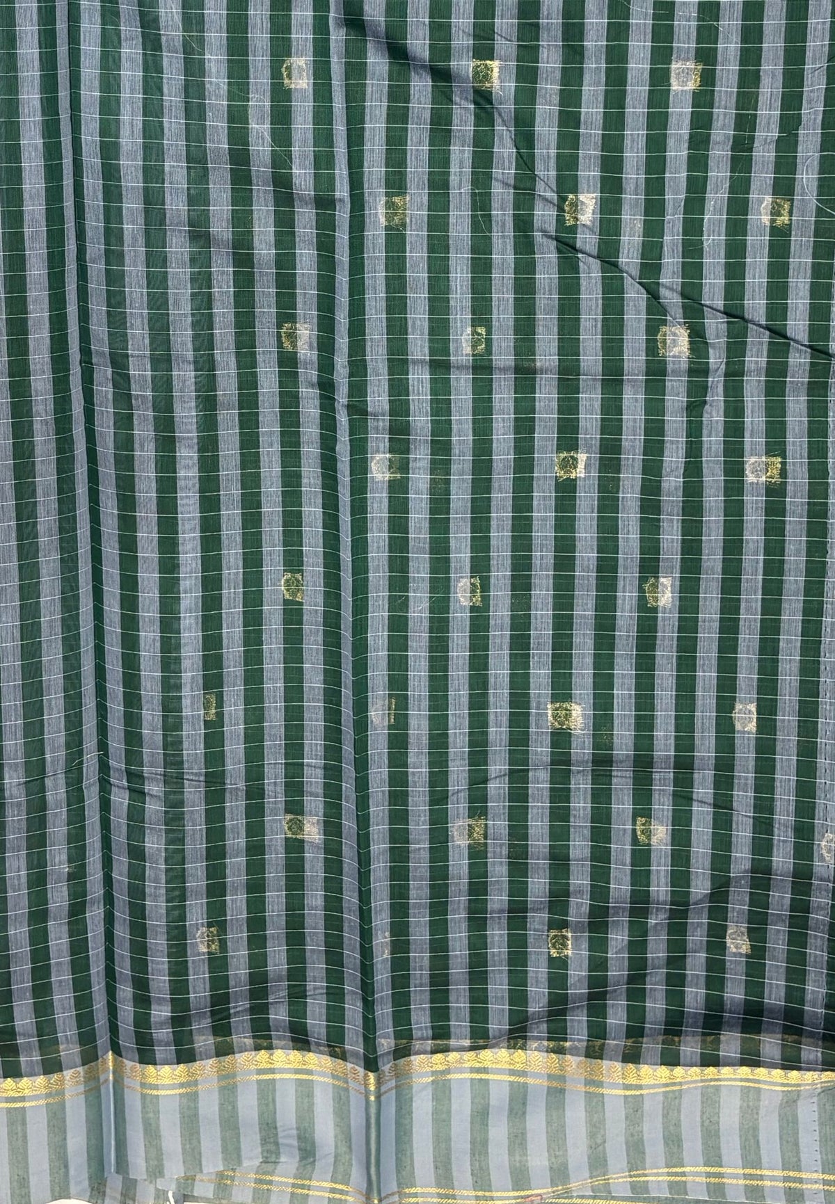 Handloom Cotton Saree-Bottle Green in Floral Vine Border with Zari Stripes