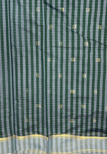 Handloom Cotton Saree-Bottle Green in Floral Vine Border with Zari Stripes
