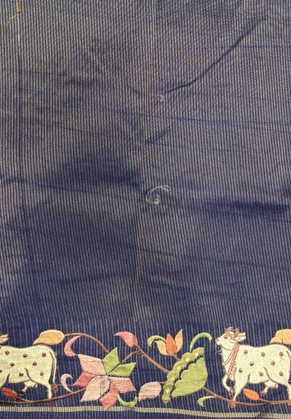 Tussar Saree-Blue with Zari Stripes in Pichwai Embroidery Border