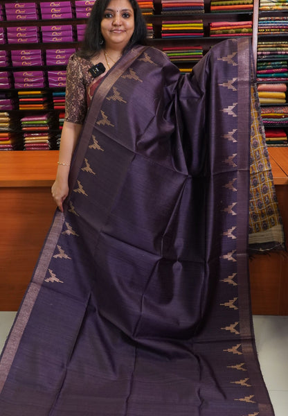 Jute Tussar Silk - Temple Border Dark Purple