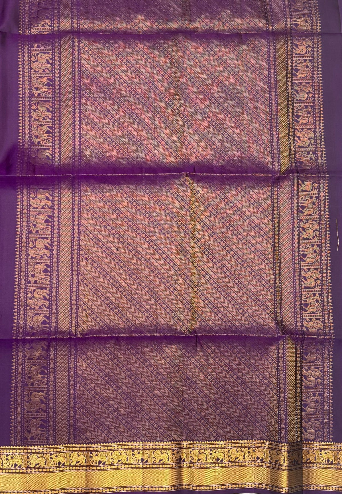 Pure Kanchipuram Silk Saree-Dark Purple In Deer & Yali Zari Border