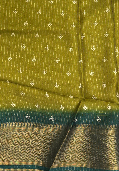 Semi Dola Silk Saree-Mehandi Green In Floral Dotwork Border