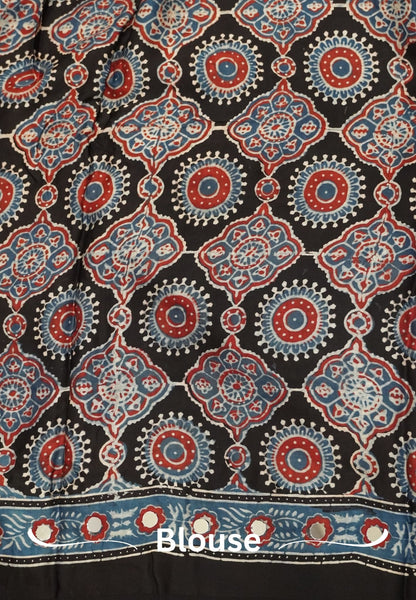 Pure Modal Silk Saree-Original Mirror Work &Traditional Printed Motifs - Black with Sky Blue