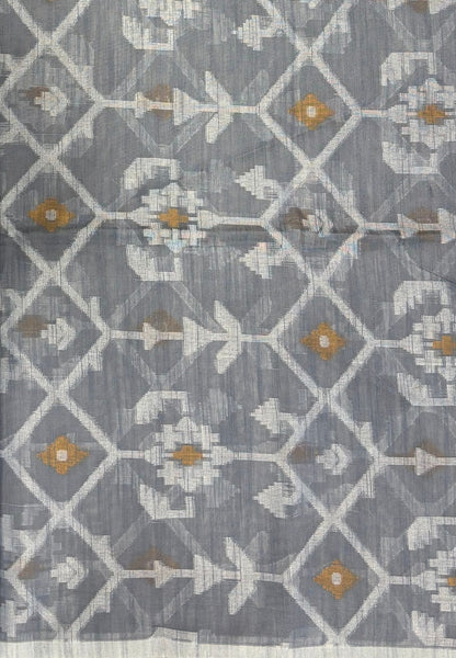 Handloom Cotton Saree-Grey in Diamond Pattern Border