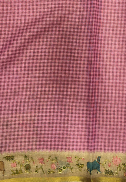 Tissue Linen Saree-Purple in Pichwai Art Printed Border