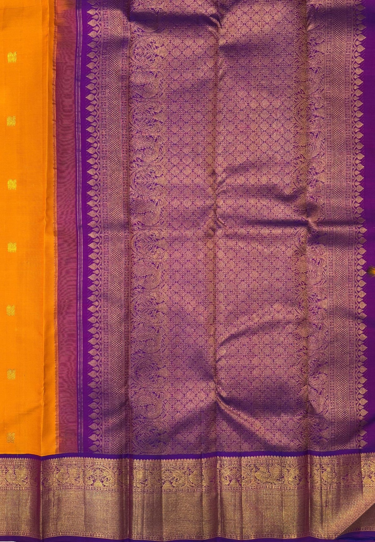 Pure Kanchipuram Silk Saree-Mango Yellow-Purple In Paisley Floral Zari with Contrast Border
