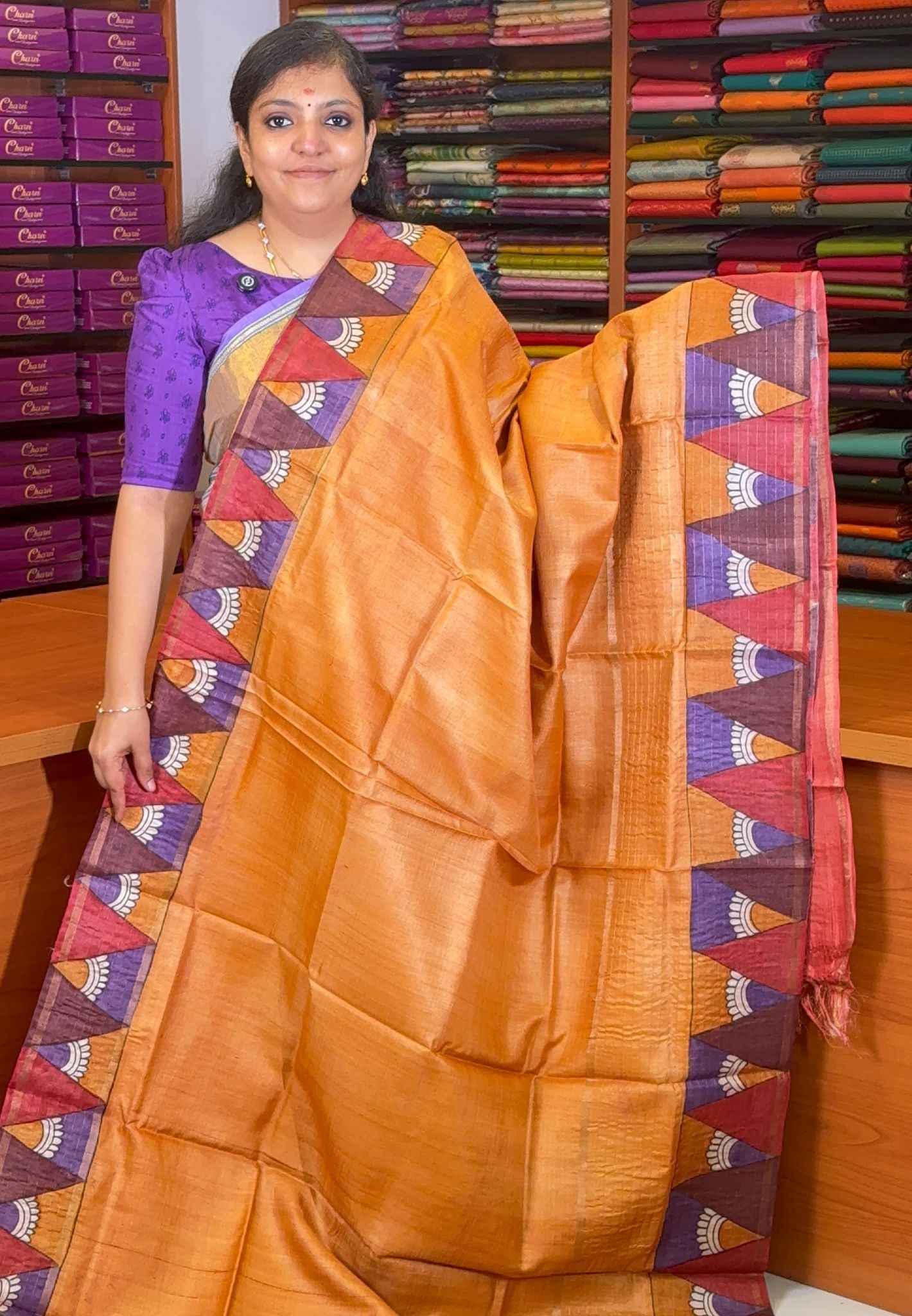Pure Tussar Saree-Pale Orange with Triangle Border