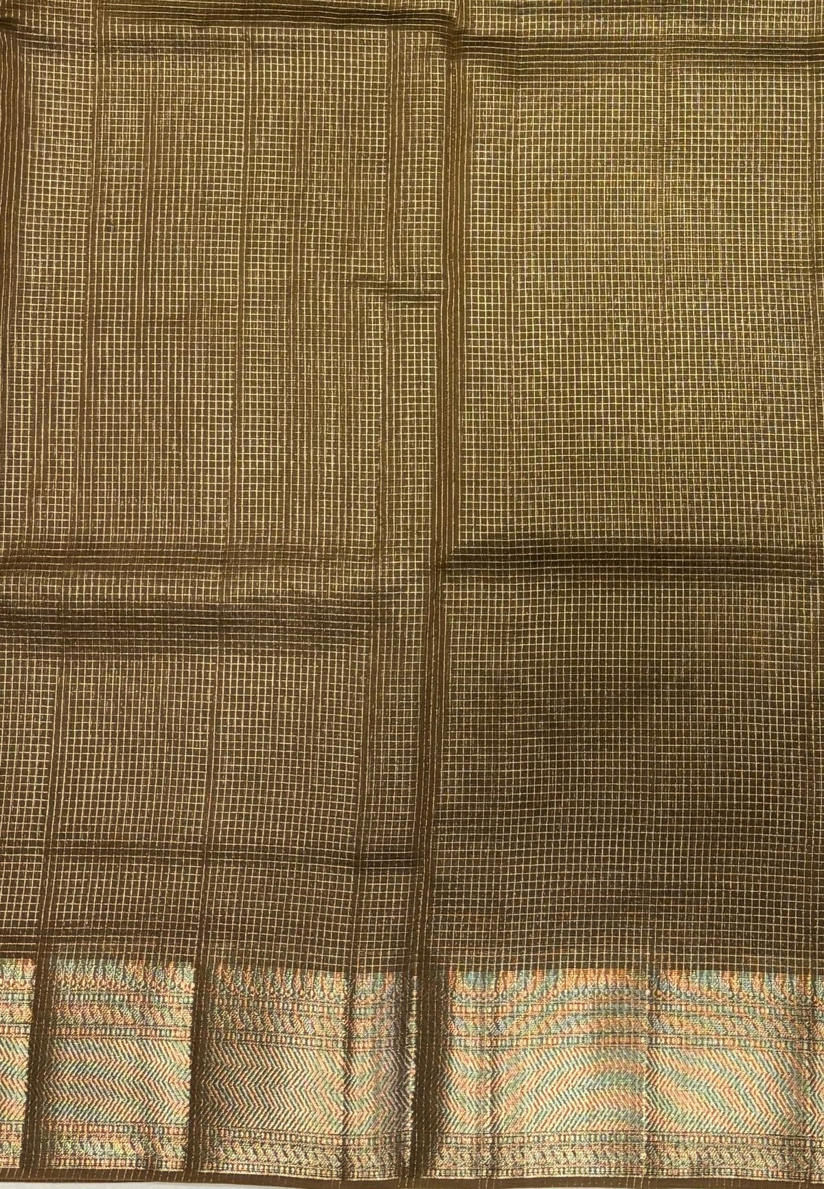 Mangalgiri Silk Saree-Dry Leaf Green in Fine Check Zari Border