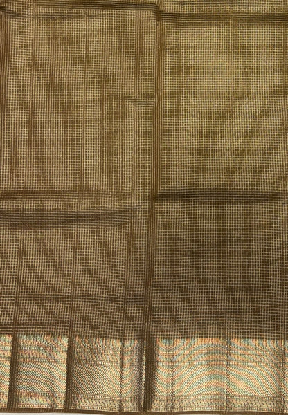 Mangalgiri Silk Saree-Dry Leaf Green in Fine Check Zari Border