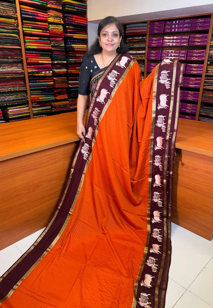 Pure Mysore Silk Saree-Rust Orange In Pichwai Embroidery With Contrast Border