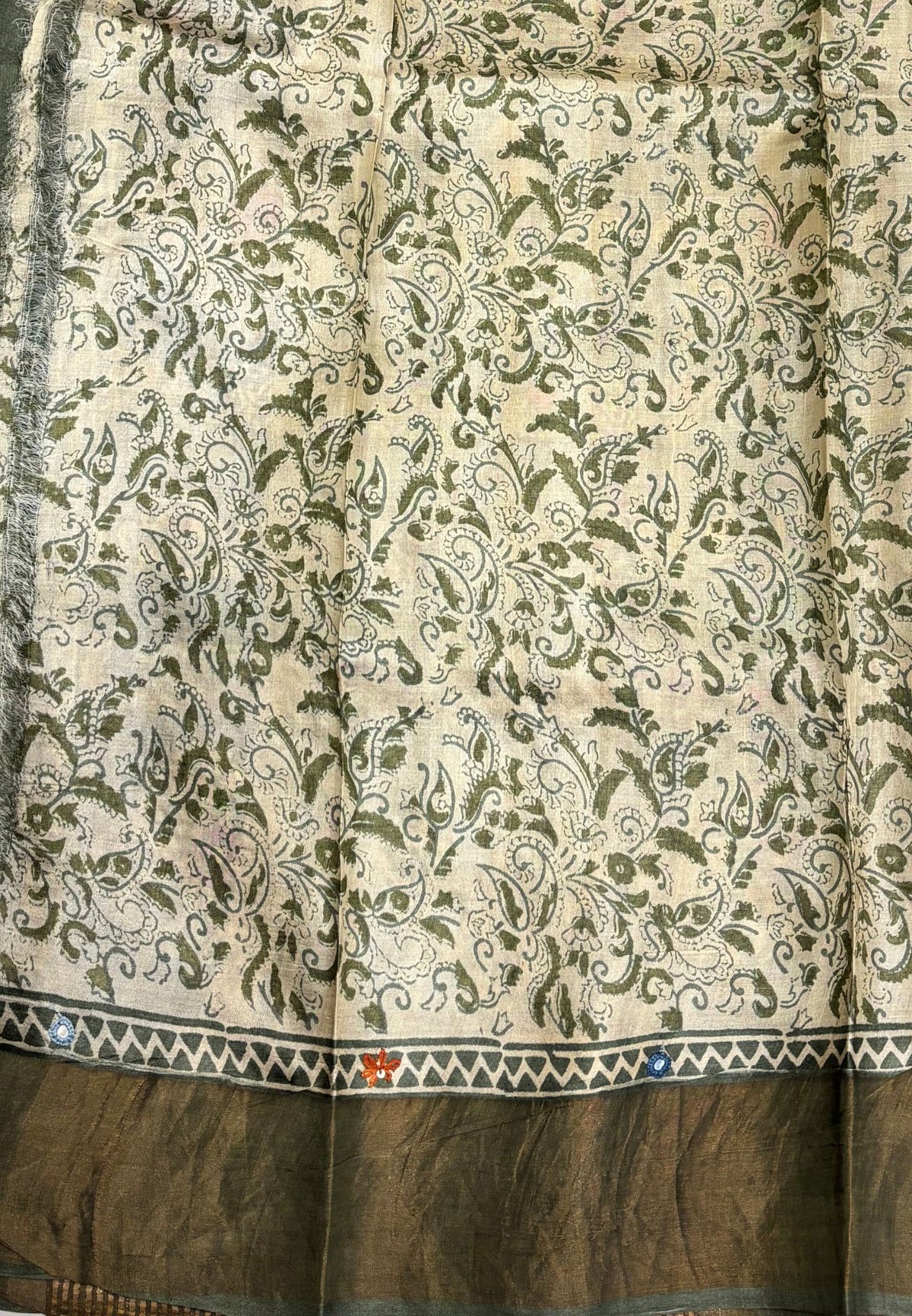 Pure Tussar Saree-Metalic Green with Mirror Work