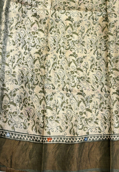 Pure Tussar Saree-Metalic Green with Mirror Work