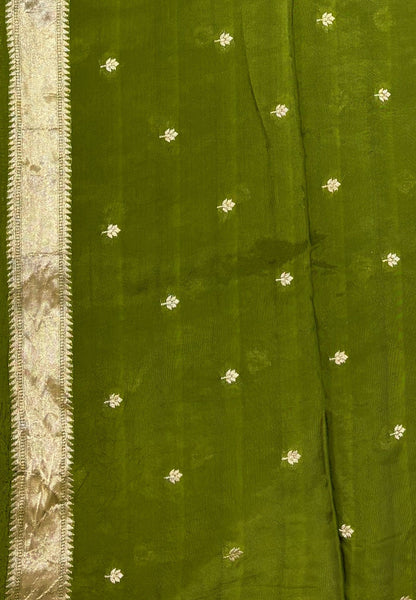 Satin Organza Saree-Olive Green In Paithani Floral Zari Border
