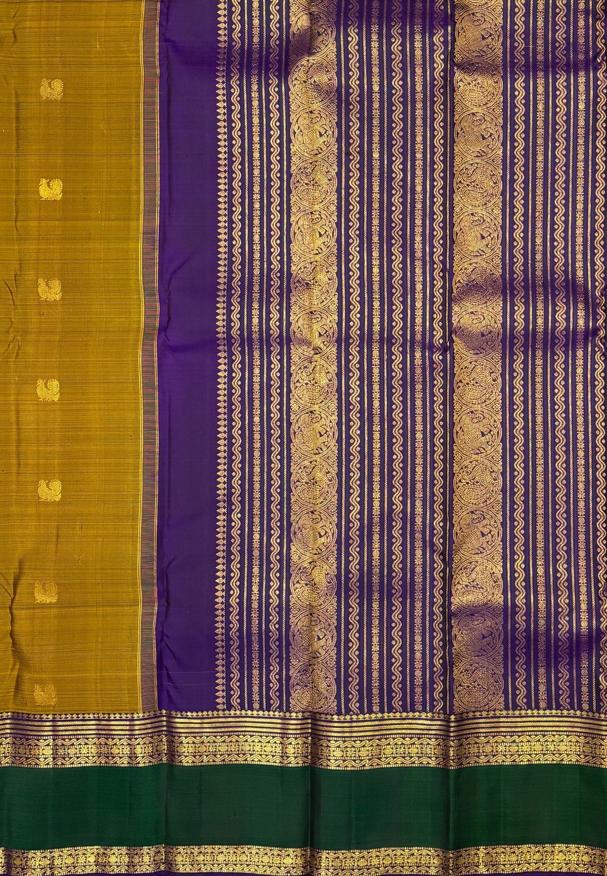 Pure Kanchipuram Silk Saree-Golden Mustard In Vertical Medallion Zari With Contrast Border