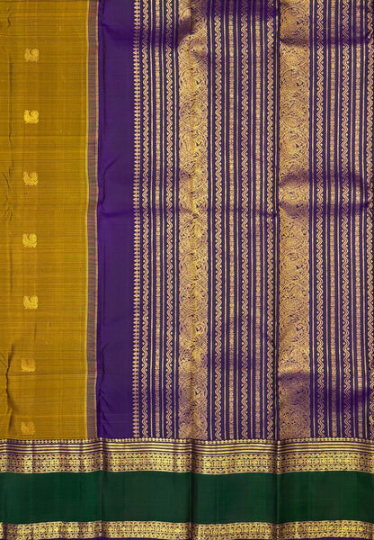 Pure Kanchipuram Silk Saree-Golden Mustard In Vertical Medallion Zari With Contrast Border