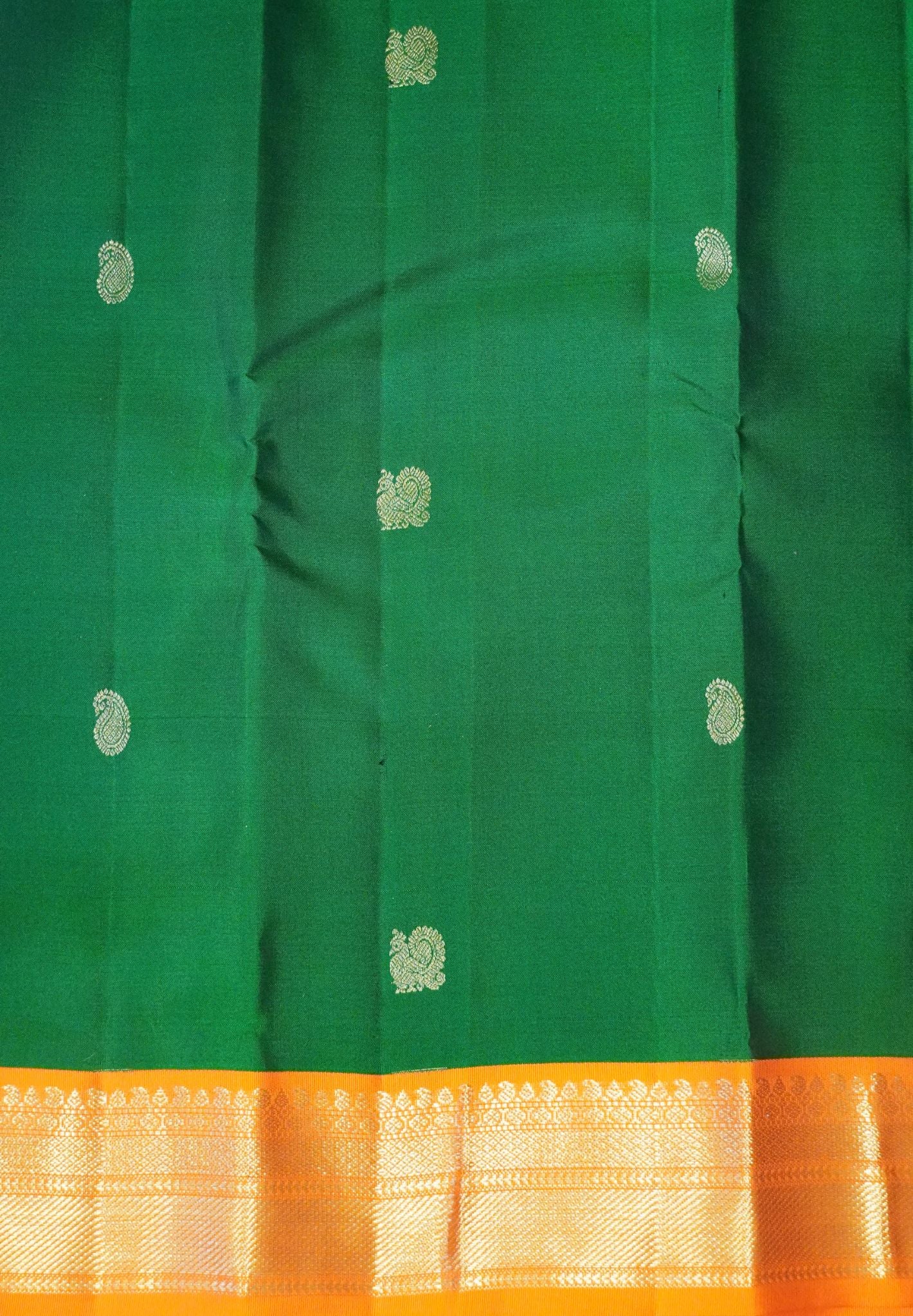 Pure Korvai Kanchipuram Silk Saree-Bottle green - Orange with peacock butta