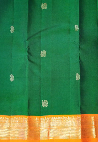Pure Korvai Kanchipuram Silk Saree-Bottle green - Orange with peacock butta