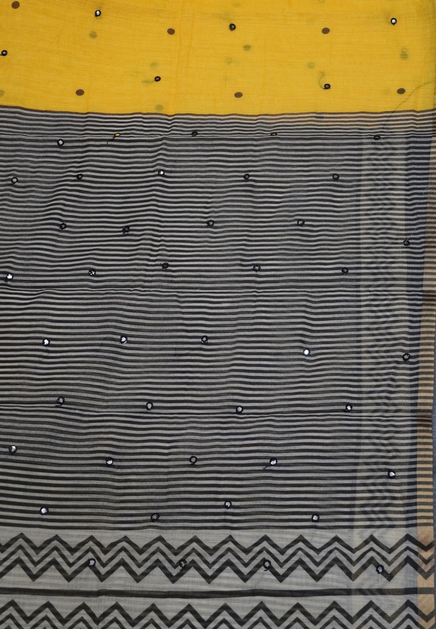 Linen Saree - Yellow with Mirror Work