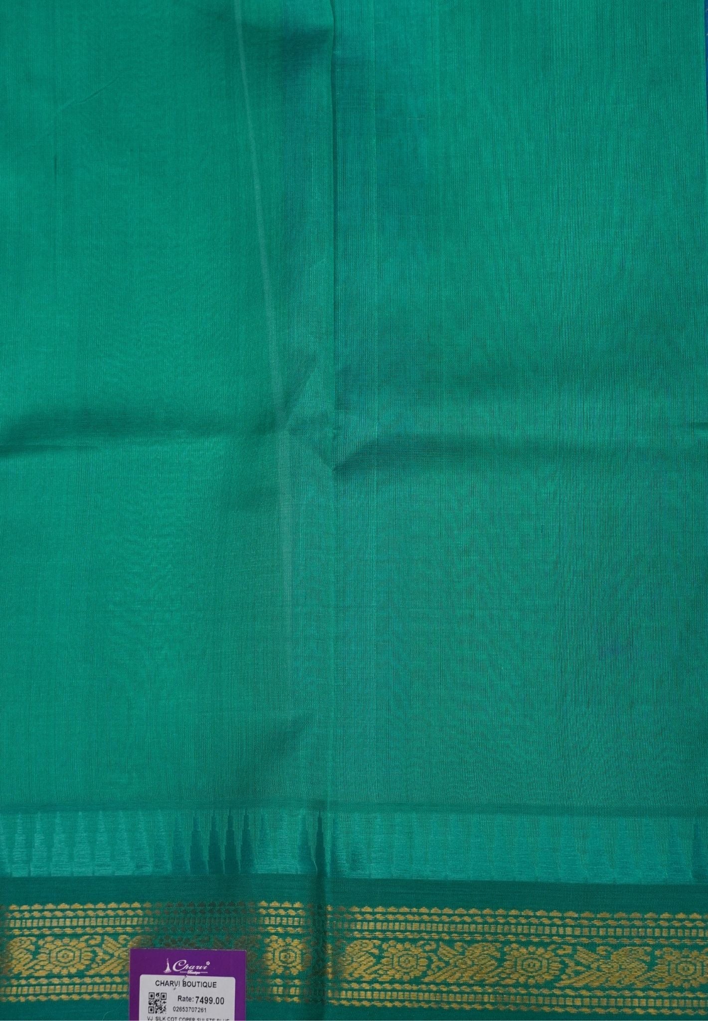 Pure Silk Cotton Saree-Copper Sulfate Blue in Golden Zari Checks with Contrast Border