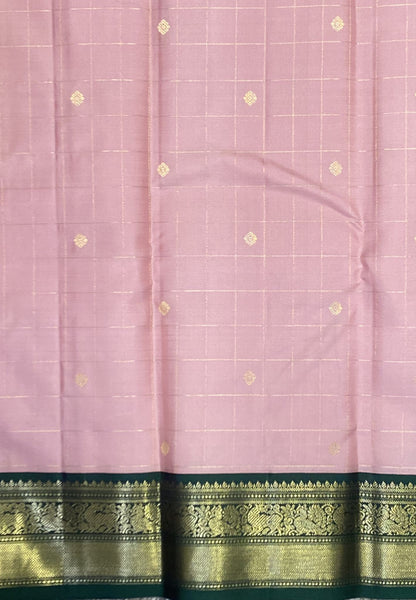 Pure Kanchipuram Silk Saree- Salmon Pink with Green