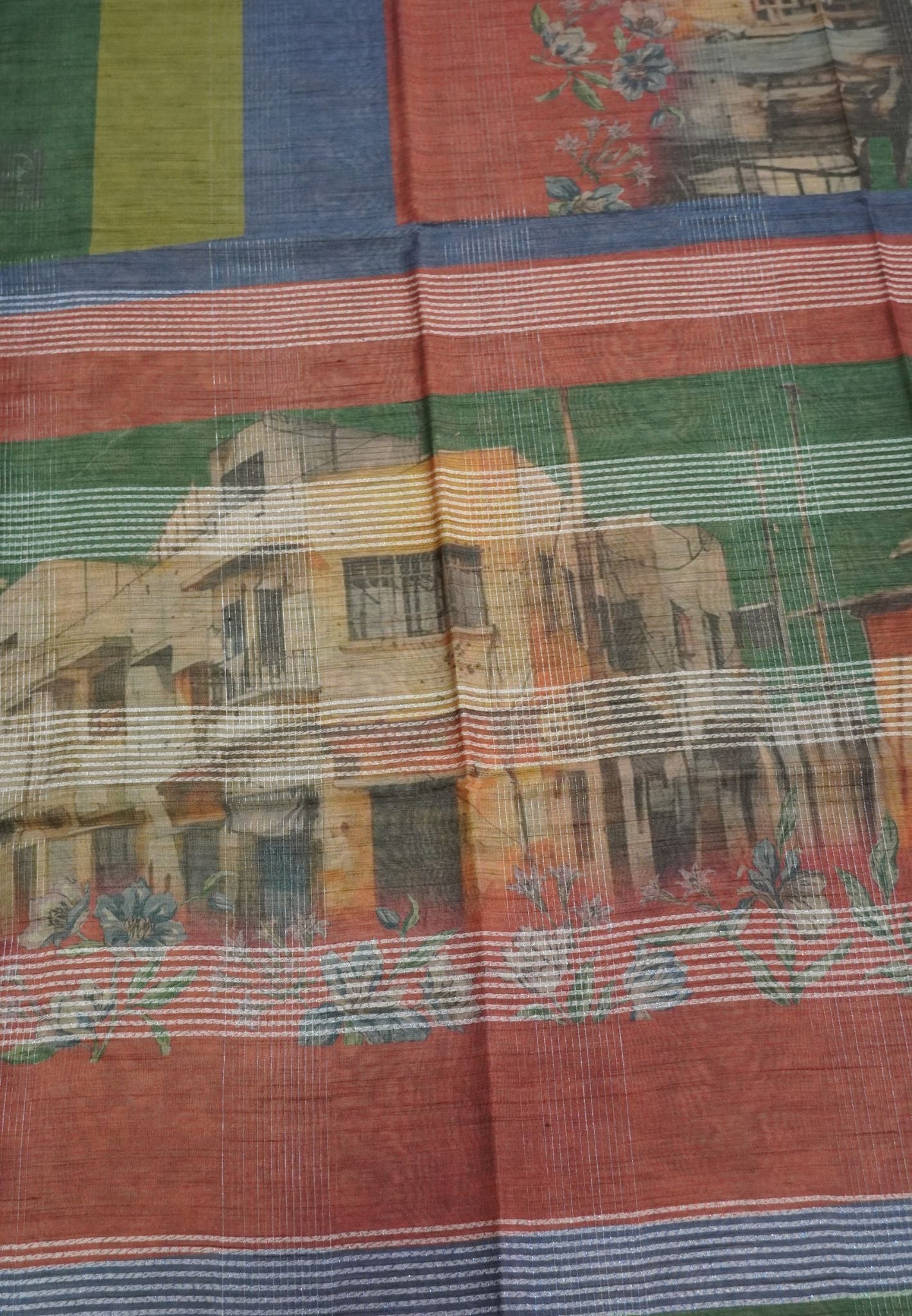 Semi Linen Saree - Multi Shade Green
