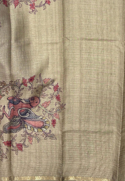 Soft Tussar Saree-Purple In Kalamkari Peacock Border