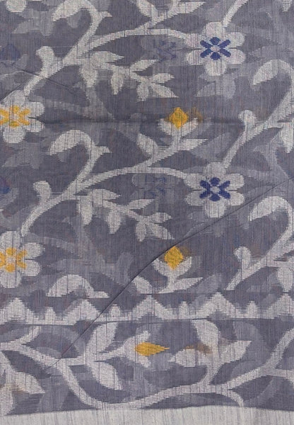 Dhakai Jamdhani Cotton Saree-Greyish In Floral Vine Zari Border