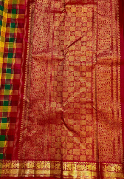 Pure Kanchipuram Silk Saree-Maroon in Traditional Checks with Peacock Zari Border