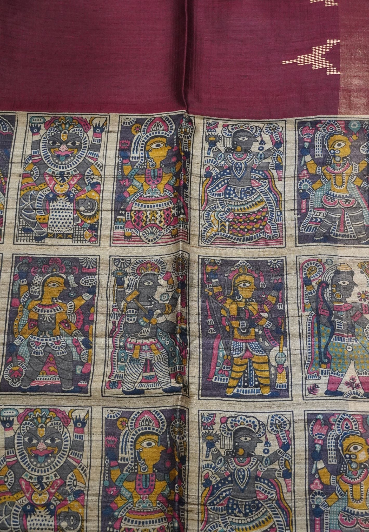 Jute Tussar Silk - Temple Border Maroon