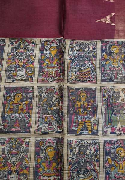 Jute Tussar Silk - Temple Border Maroon