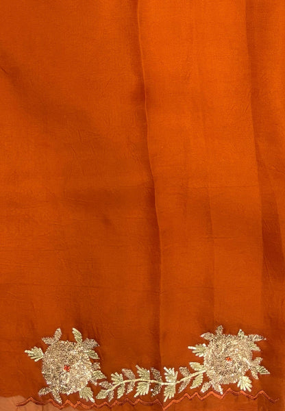 Crush Organza Saree-Burnt Orange In Floral Vine Scallop Border