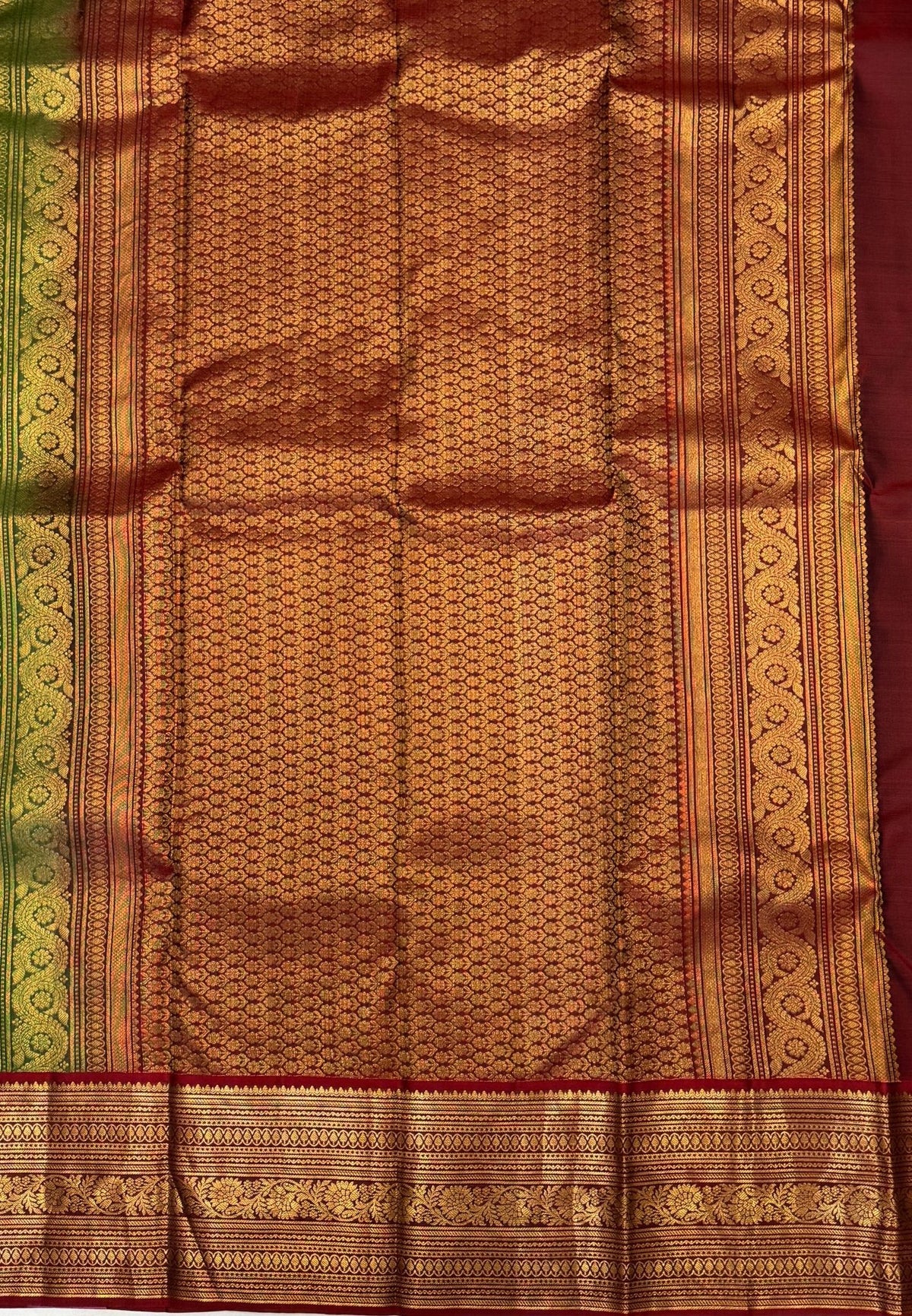 Pure Kanchipuram Silk Saree-Green in Antique Gold Temple Floral Zari with Contrast Border