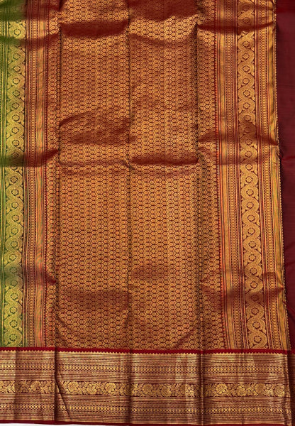 Pure Kanchipuram Silk Saree-Green in Antique Gold Temple Floral Zari with Contrast Border