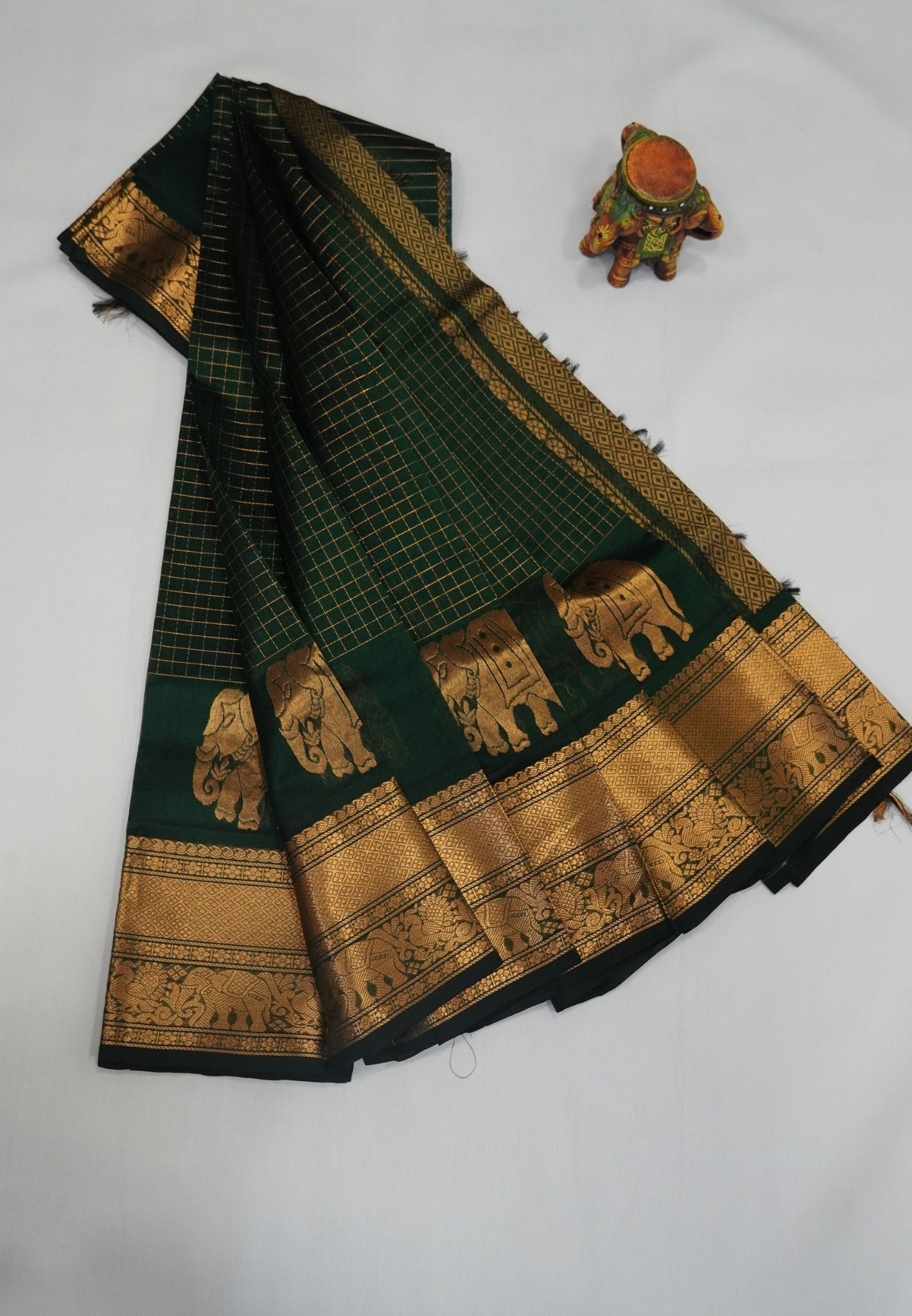 Pure Silk Cotton Saree-Bottle Green in Elephant Motifs with Zari Border