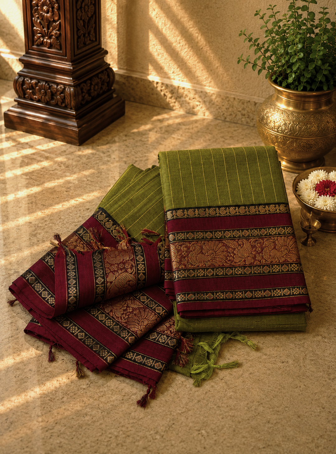 Chettinadu Cotton 2Pc Salwar Material-Olive Green