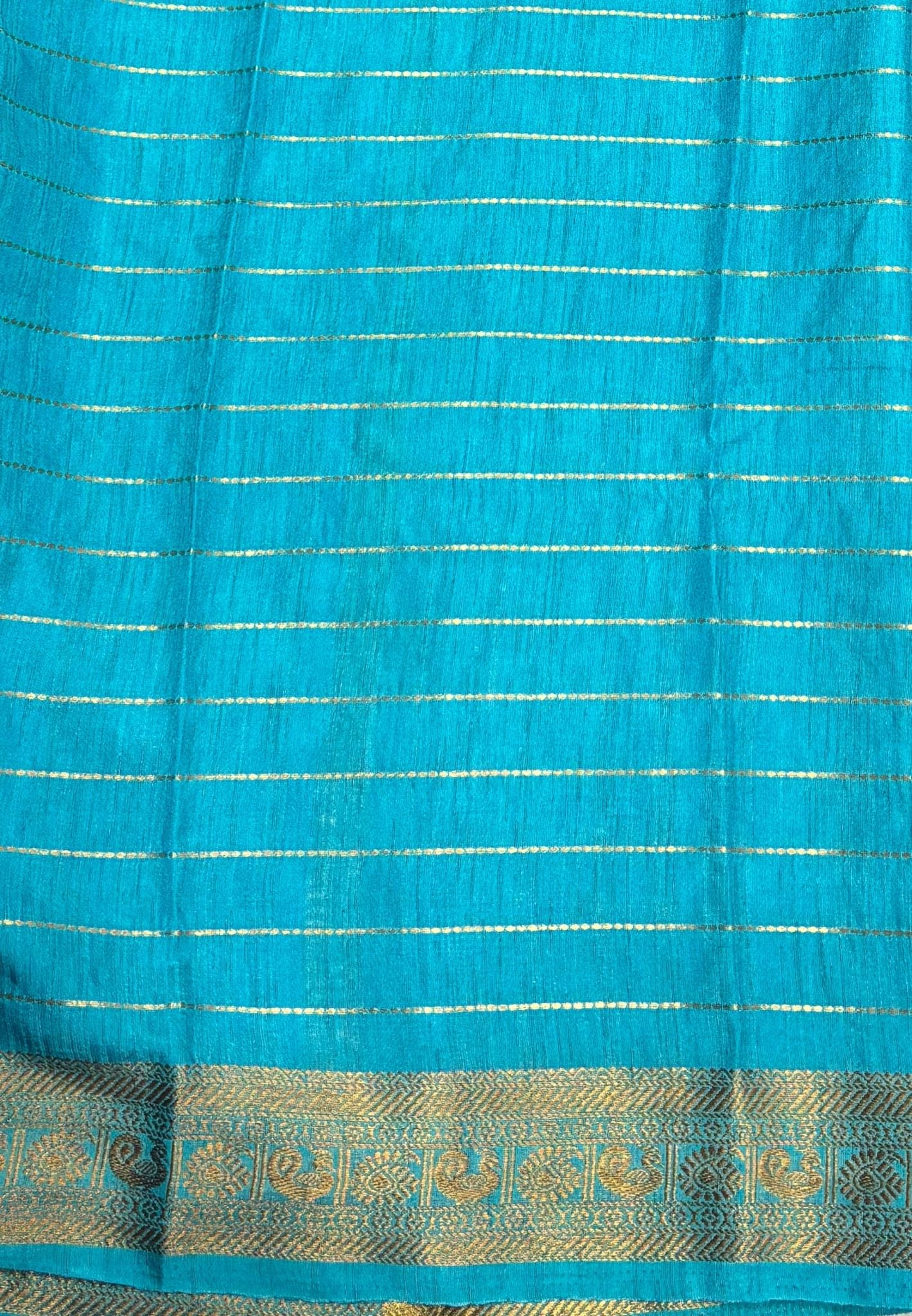Semi Raw Silk Saree-Peacock Blue in Zari Lines with Contrast Annam Border