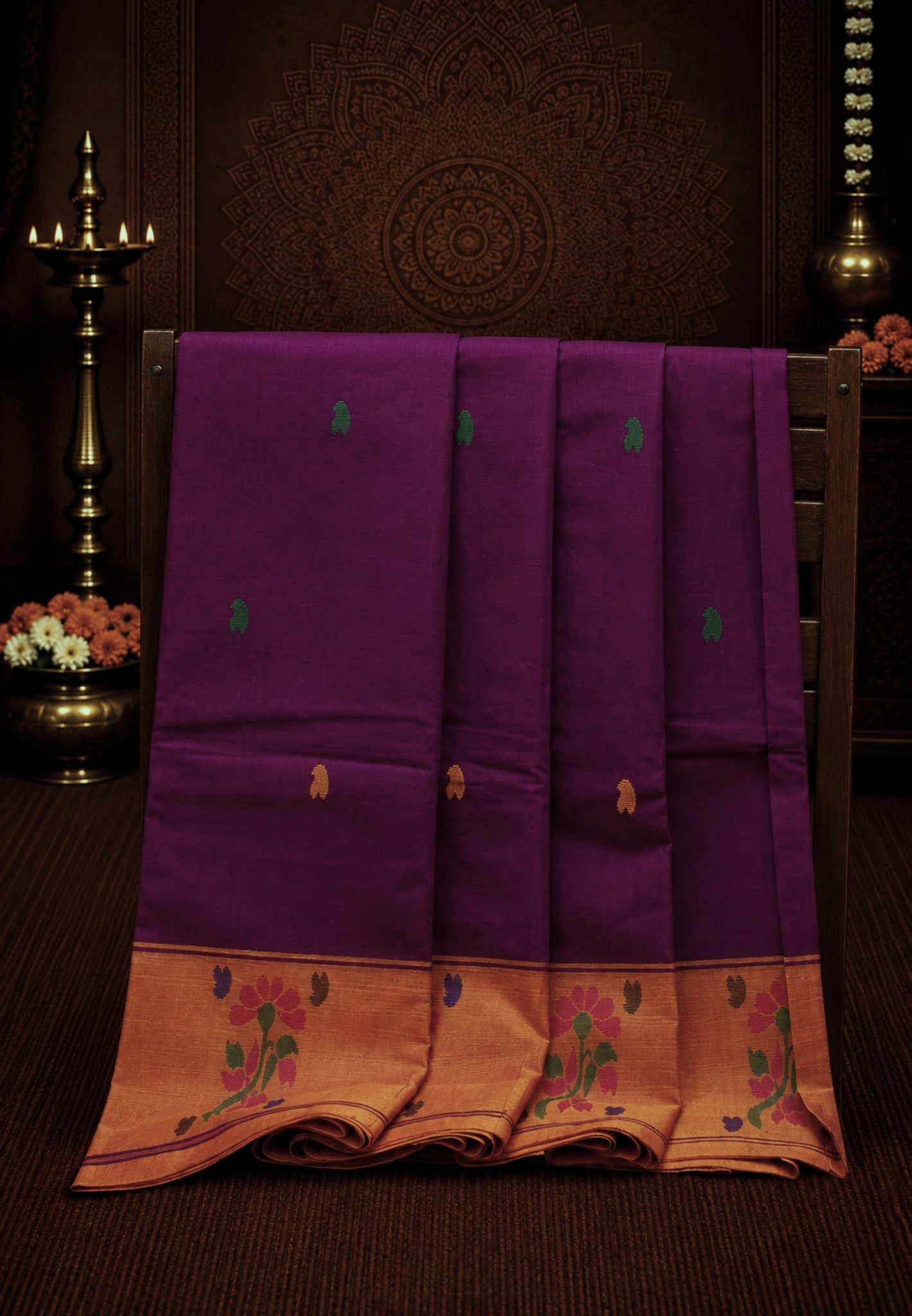 Chettinad Cotton Saree-Wine With Floral Bouquet Border