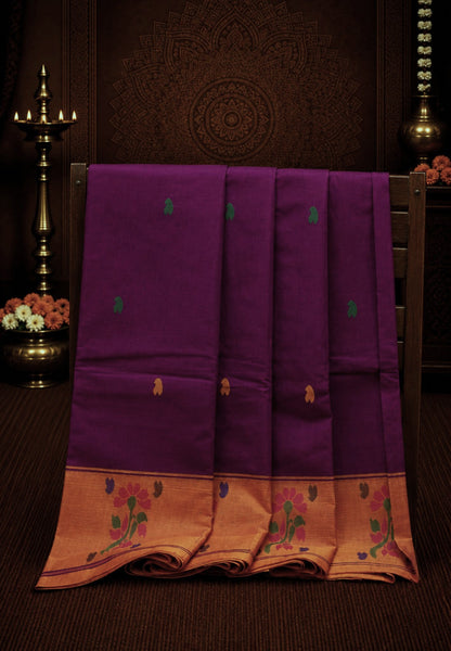 Chettinad Cotton Saree-Wine With Floral Bouquet Border