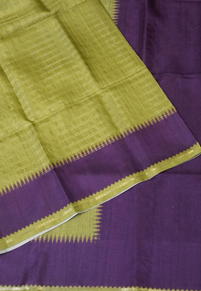 Semi Matka Tussar Saree-Light Green with Contrast Border and Zari Checks