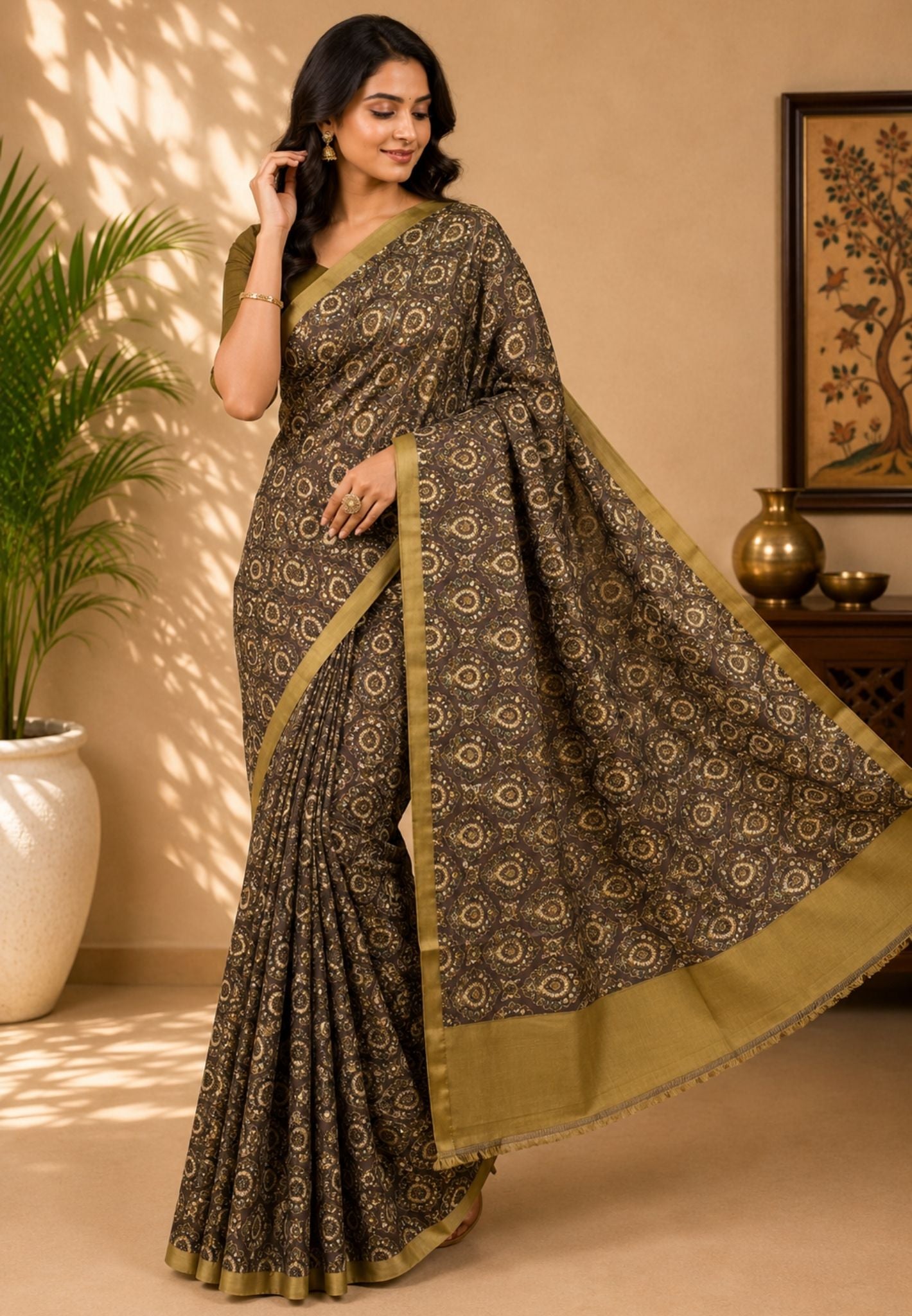 Pure Tussar Saree-Dark Brown with Ajrakh Print