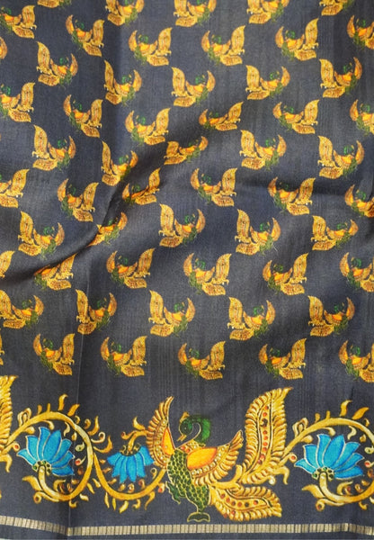Premium Matka Tussar Saree-Orange with Contrast Border in Tanjore Print