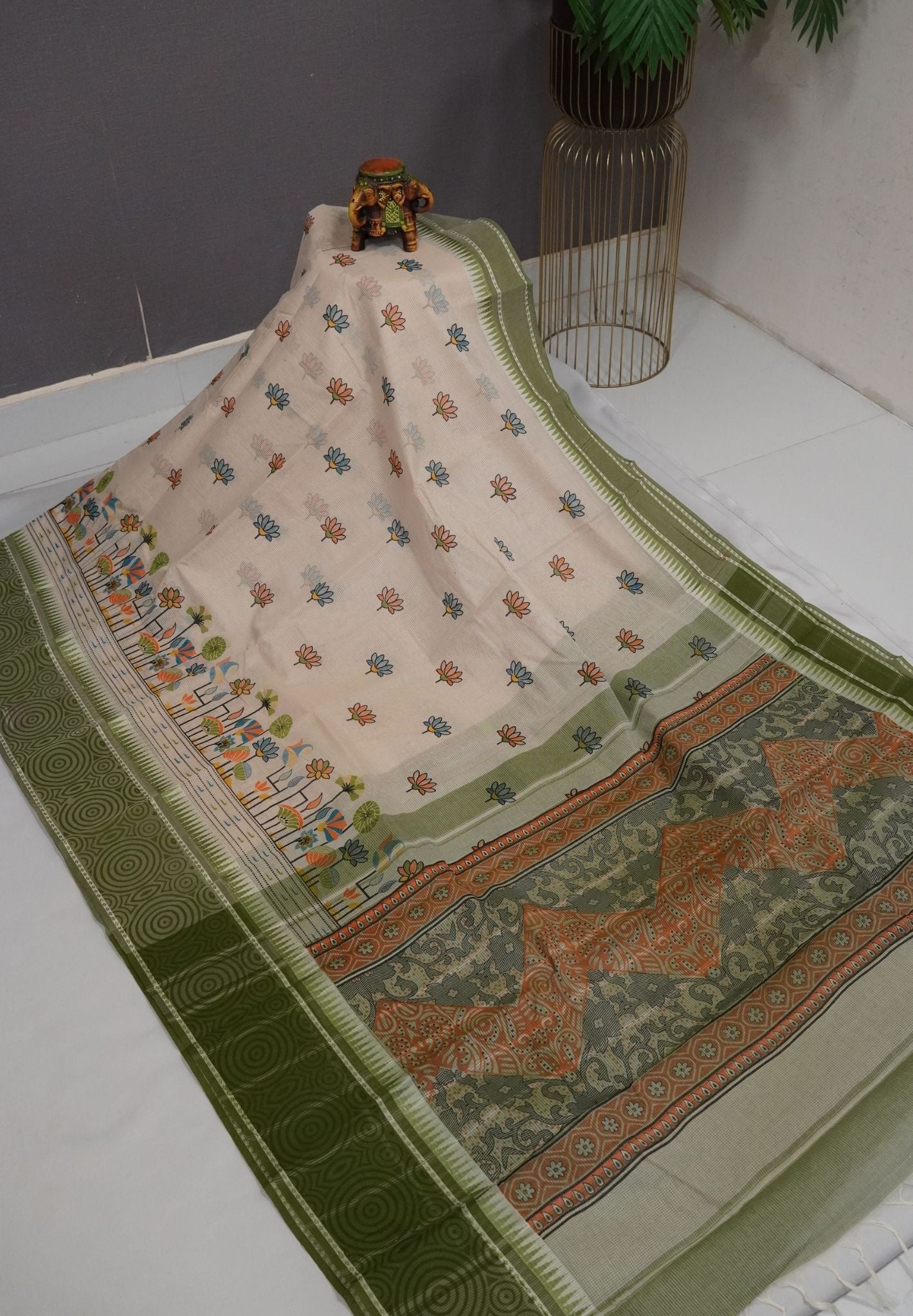 Pure Cotton Saree-Cream with Sage Green in Lotus Breeze Pattern