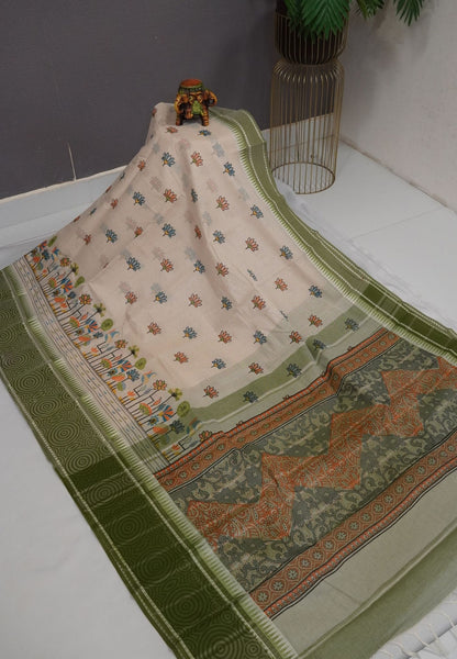 Pure Cotton Saree-Cream with Sage Green in Lotus Breeze Pattern
