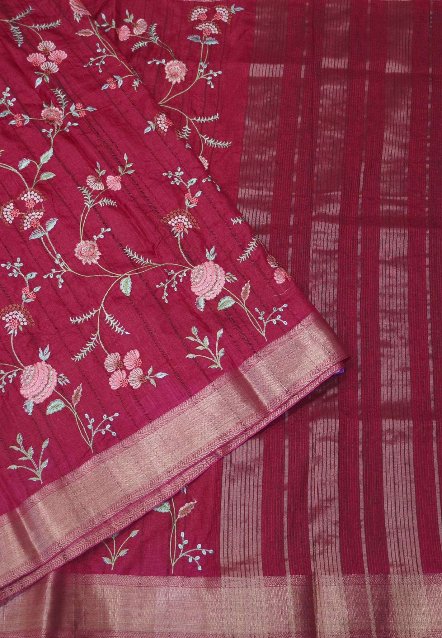 Soft Tussar Saree-Rani Pink with Floral Embroidery Work