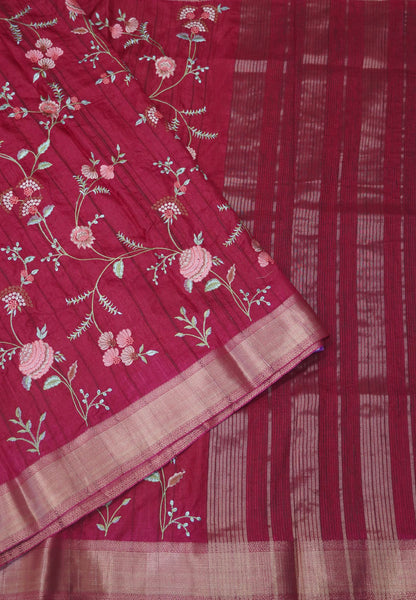 Soft Tussar Saree-Rani Pink with Floral Embroidery Work