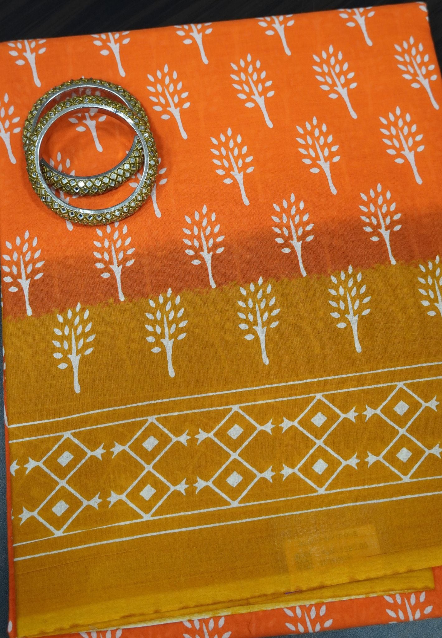 Mul Mul Cotton Saree- Orange-Mustard