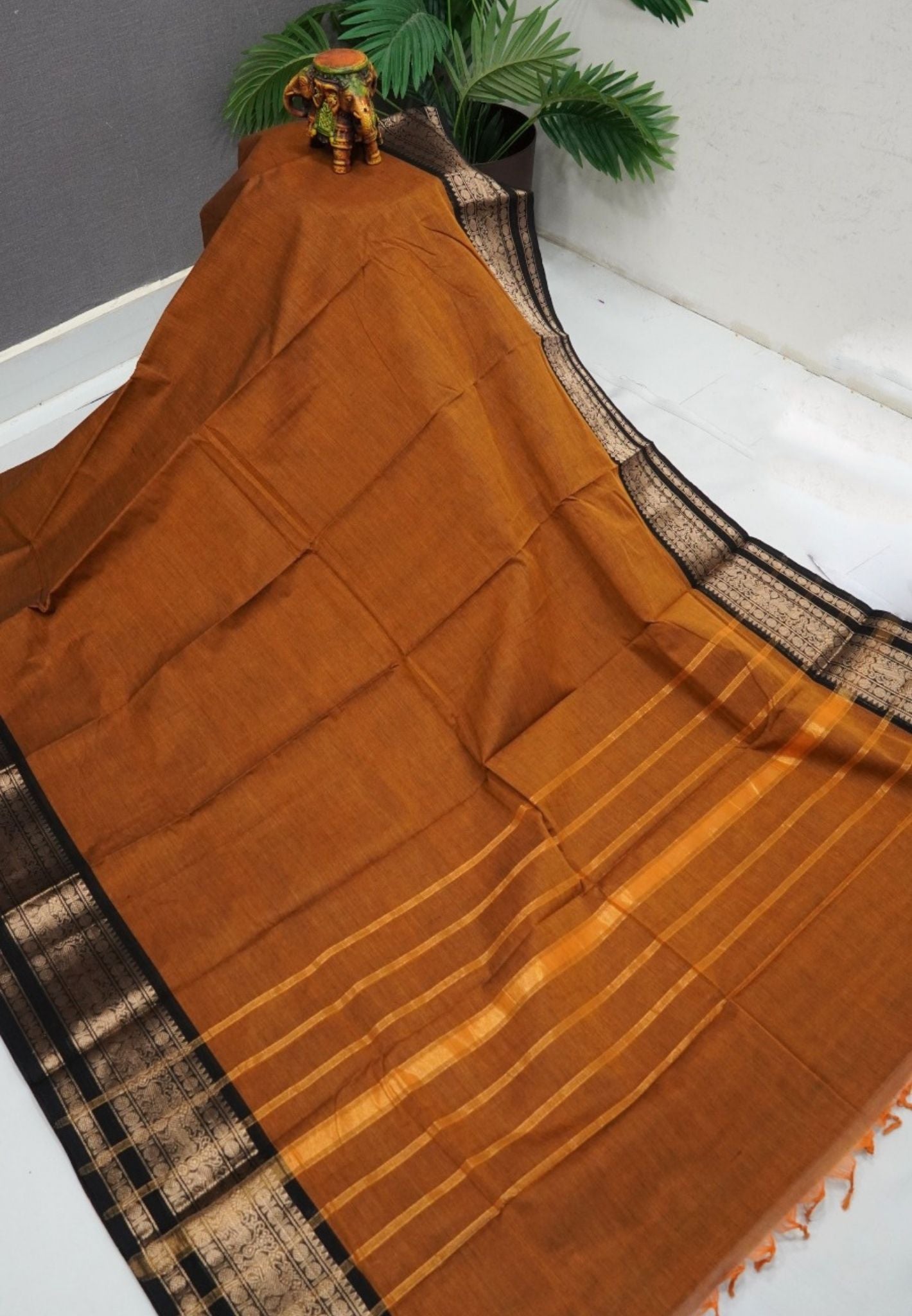 Kanchi Cotton Saree-Dark Mustard-Black With Zari Border
